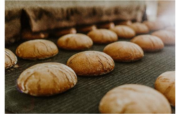 Loaves of Bread in Production at a Bakery